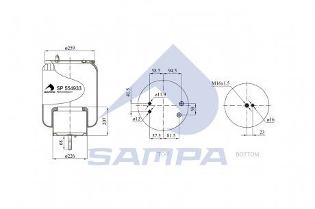 Пневмоподушка SCANIA P/G/R/T-SERIES d300mm H-350mm M16x1,5 зад. зі стаканом (SAMPA | sp 554933-k) 2234465-29 фото