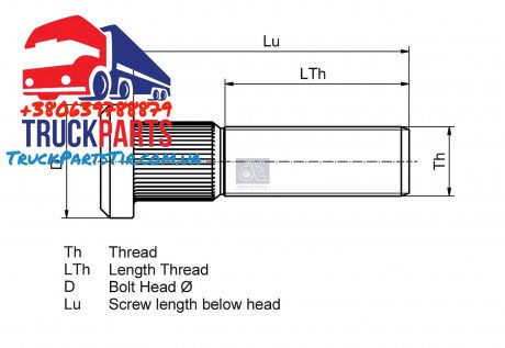 Болт колеса передній/задній 7/8"-11BSFx85 мм (довжина різьби 60 мм, фосфатований, фрезерований) SCANIA 4, 4 BUS, K, P,G,R,T 05.95- (DT | 1.17133) 2905317-3 фото