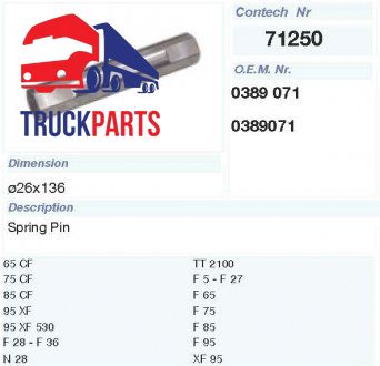 Палець ресори DAF F65, F75, F85, F95 26x135 передней (0389071) (Contech | 71250CNT) 2831992-33 фото