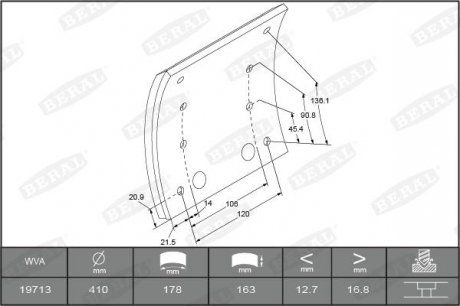 Накладка гальмівна (410х163. 1-оверсайз) MAN F90, M90, SD, SG, SL, SL II, SR, SЬ, ЬL, MERCEDES ATEGO, MK, NG, SK 08.73- (BERAL | kbl19713.1-1560) 3638754-173 фото