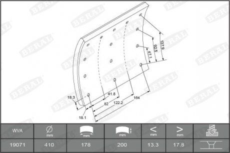 Гальмівні накладки VOLVO B12, F10, F12, F16, FH12, FH16, FL10, FL12, FL7, FM12, FM7 08.77- (BERAL | kbl19071.2-1627) 2265737-173 фото