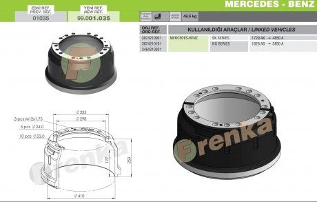 Bęben hamulcowy Mercedes SK, NG przód Ø410xø298x250, 10 otworów Ø23 5 otworów Ø24 3 otwory M12x1,75 (3464210301) (Frenka | 99.001.035)