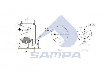 Poduszka pneumatyczna z miseczką (stal) 0081MB (Mercedes/ HENDRICSON) szpilka / złączka (M20 / 14mm) / 4 śruby (9463280401) (SAMPA | sp 550081-k)