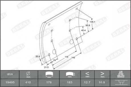 Накладка гальмівна колодка (410х183. Базова) MAN E2000, F2000, F9, F90, F90 UNTERFLUR, M 2000 L, M 2000 M, M90, SD, SG, SL, SR, TGA, MERCEDES ACTROS, ACTROS MP2 / MP3, AROCS, ATEGO, ATEGO 2, AXOR 08.73- (BERAL | kbl19495.0-1575) 2265692-173 фото