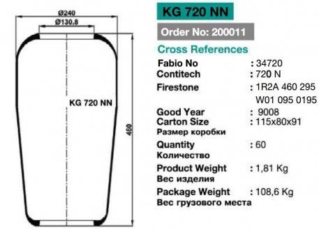 Пневморессора подвески без стакана чулок 720N MAN F8, HOCL; MERCEDES LP, MK, NG, SK; VOLVO FH12, FH16, FM10, FM12, FM7; BPW O (KRAFTIGER | kg 720 nn) 2431262-1 фото