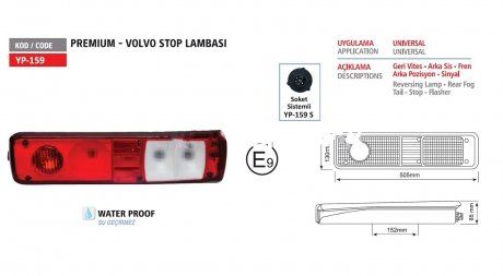 Lampa tylna lewa Renault Premium, Volvo (E9) złącze AMP, uniwersalna, z podświetleniem tablicy rejestracyjnej (YUCEPLAST | yp-159sl)